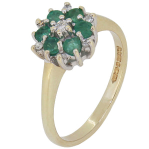 A modern, 9ct yellow gold, emerald & diamond set cluster ring.