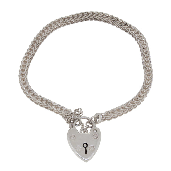 A modern, silver, cable link bracelet with a padlock clasp