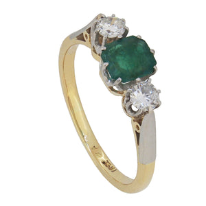 An early 20th century, 18ct yellow gold, emerald &amp; diamond set three stone ring