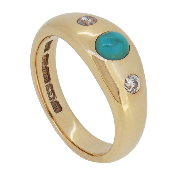 An early 20th century, turquoise & diamond set, three stone Gypsy Ring