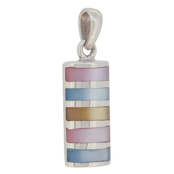 A modern, silver, pink & blue mother of pearl set pendant