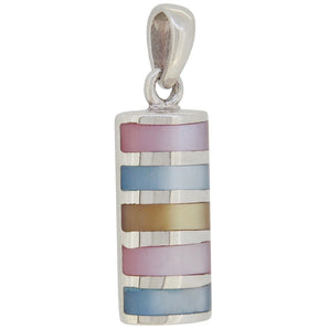 A modern, silver, pink, blue & yellow mother of pearl set pendant.
