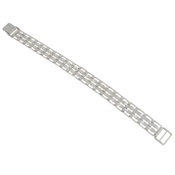 A modern, silver, gate link bracelet