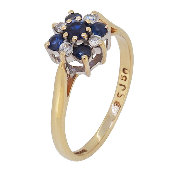 A modern, 9ct yellow gold, sapphire & diamond set cluster ring