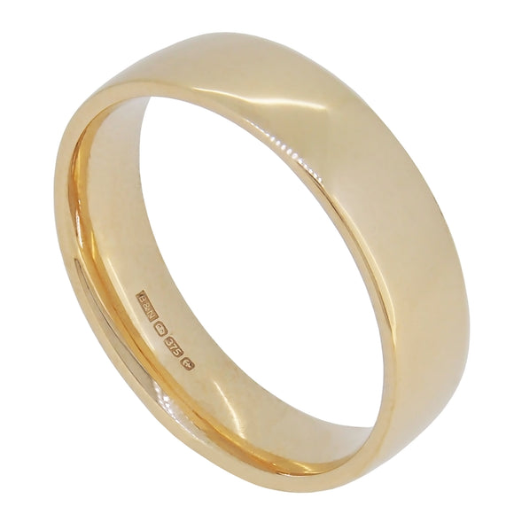 A modern, 9ct yellow gold, flat wedding ring