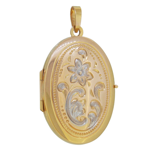 A modern, 9ct yellow gold, oval locket with a floral design