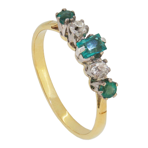 A Victorian, 18ct yellow gold, emerald & diamond set, five stone half hoop ring.