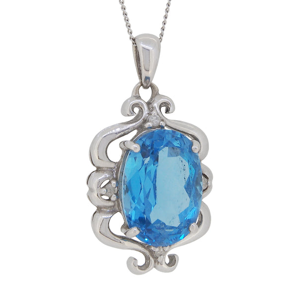 A modern, 9ct white gold, London blue topaz set pendant & chain