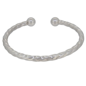 A modern, silver, twisted torque bangle