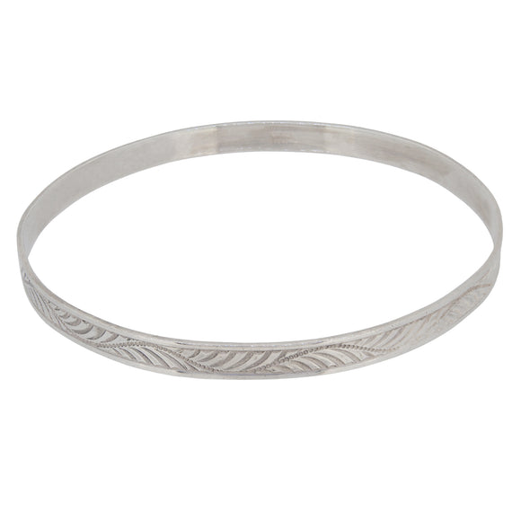 A mid-20th century, silver, flat bangle with a leaf design