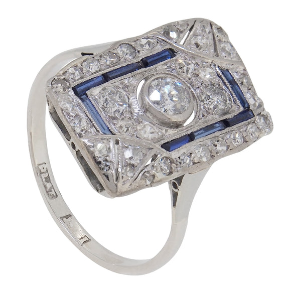An early 20th century, platinum, sapphire & diamond set, Art Deco style, rectangular tablet cluster ring