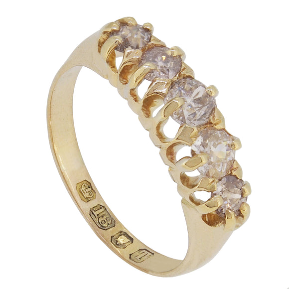 A Victorian, 18ct yellow gold, diamond set, five stone, half hoop ring