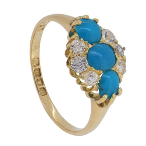 An Edwardian, 18ct yellow gold, turquoise & diamond set nine stone ring