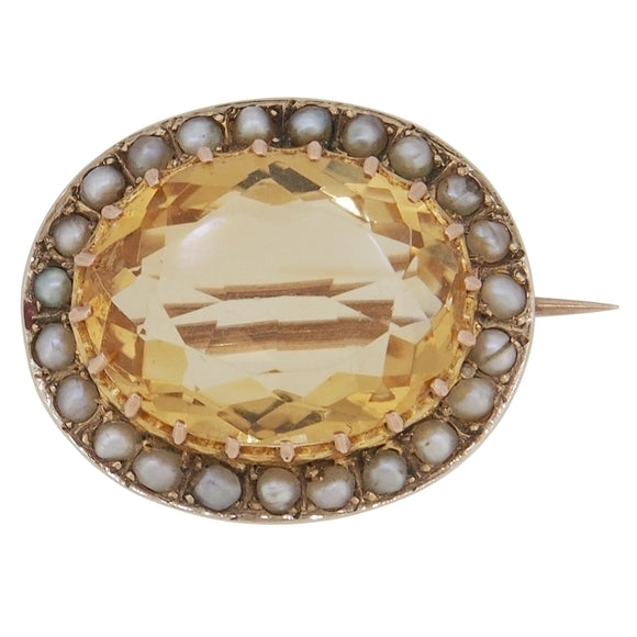 A Victorian, 9ct yellow gold, citrine & seed pearl set brooch