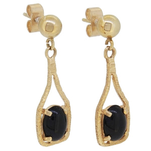 A pair of modern, 14ct yellow gold, black onyx set drop earrings