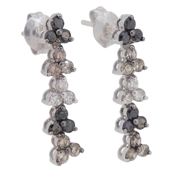 A pair of modern, 14ct white gold, black, yellow & white diamond set drop earrings.