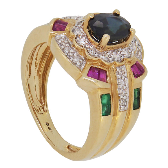 A modern, 9ct yellow gold, sapphire, ruby, emerald & diamond set cluster ring