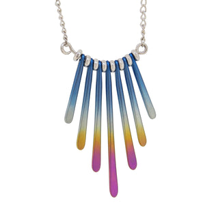 A modern, silver & titanium, multicoloured, abstract fringe necklace.