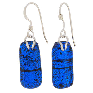 A pair of modern, silver, blue glass set drop earrings