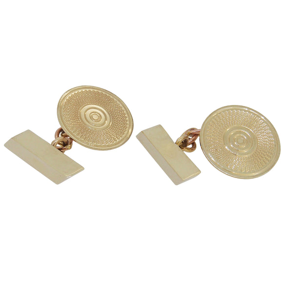 A pair of mid-20th century, 9ct yellow gold, circular cufflinks with chain & bar links.