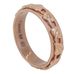 A modern, 9ct rose gold, leaf band ring.