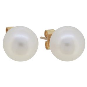 A pair of modern, 9ct yellow gold, cultured pearl set stud earrings.