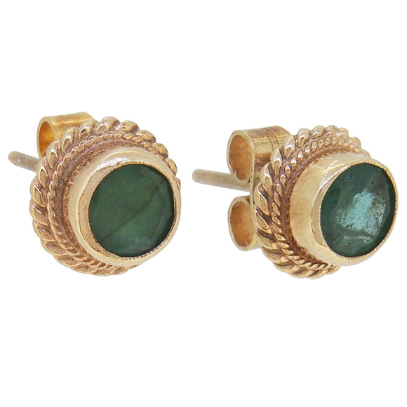 A pair of modern, 9ct yellow gold, emerald set stud earrings with a cord border