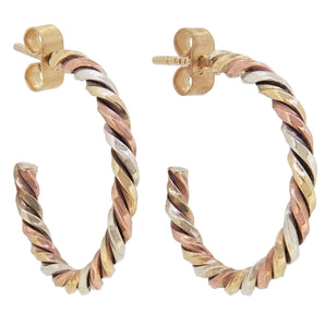 A pair of modern, 9ct yellow, rose & white gold twisted hoop earrings.