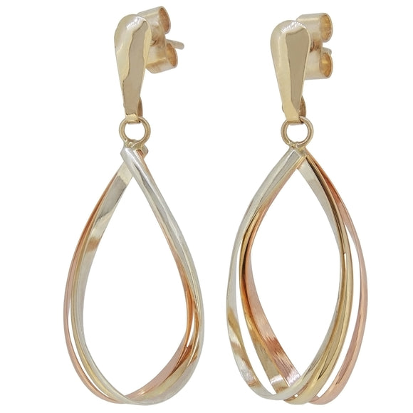 A pair of modern, 9ct yellow, rose & white gold twist hoop earrings