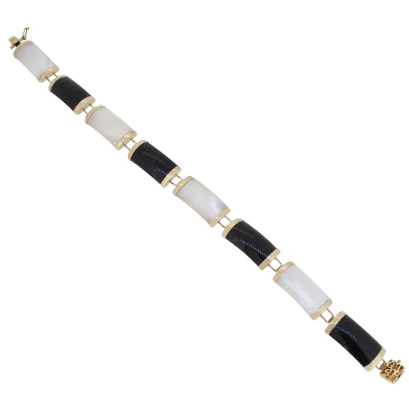 A modern, 9ct yellow gold, black onyx & mother of pearl set bracelet.