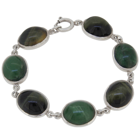 A modern, silver, green agate & black tigers eye set bracelet.