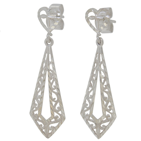 A pair of modern, silver, abstract, openwork drop earrings