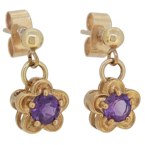 A pair of modern, 9ct yellow gold, amethyst set floral drop earrings