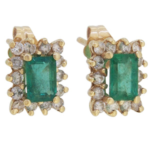 A pair of modern, 14ct yellow gold, emerald & diamond set cluster stud earrings.