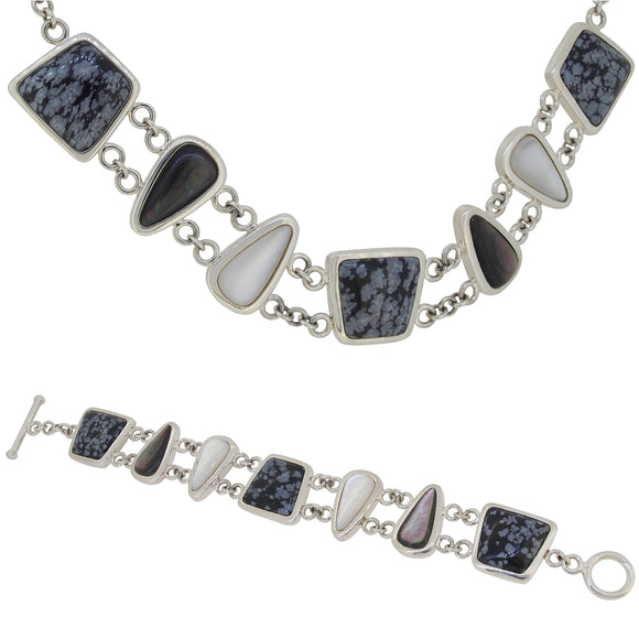 A modern, 925, mother of pearl & black & grey agate set bracelet & necklace.