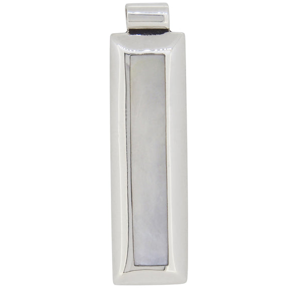 A modern, silver, white mother of pearl set rectangular pendant.
