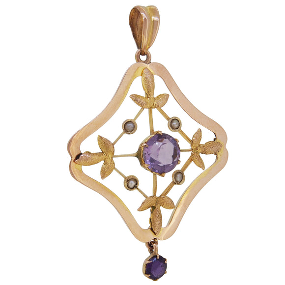 An Edwardian, 9ct yellow gold amethyst & seed pearl set pendant