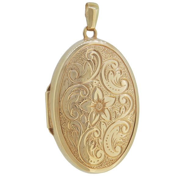 A modern, 9ct yellow gold, engraved oval locket.