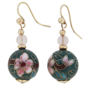 A pair of modern, 9ct yellow gold, pink, red & blue enamel set, floral drop earrings.