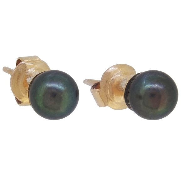 A pair of modern, 9ct yellow gold, black pearl set stud earrings.