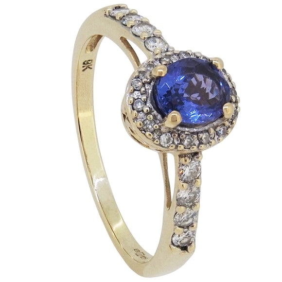 A modern, 9ct yellow gold, tanzanite & diamond set cluster ring.