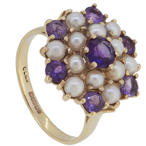 A modern, 9ct yellow gold, amethyst &amp; pearl set cluster ring.