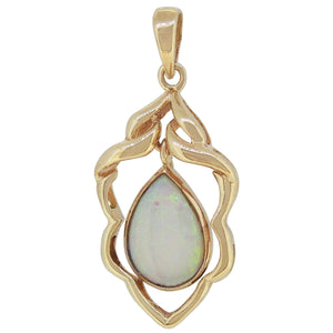 A modern, 14ct yellow gold, pear cut opal set, single stone pendant.