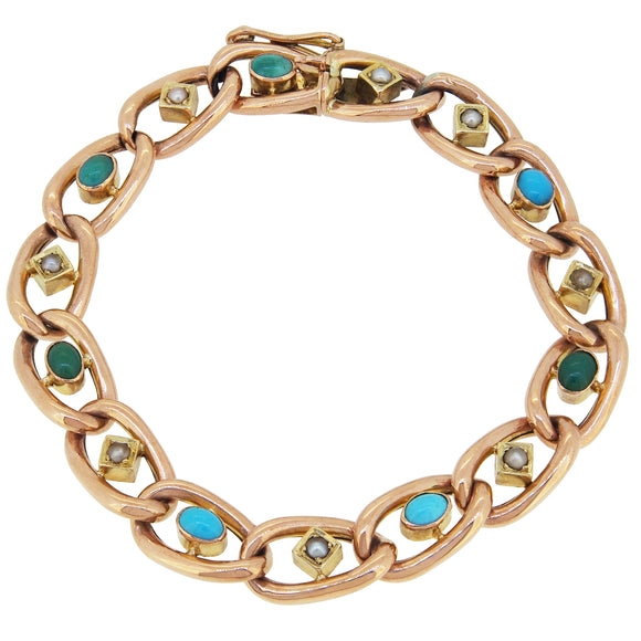 An Edwardian, 15ct yellow gold, turquoise & pearl set bracelet.