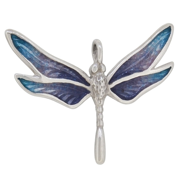 A modern, silver, blue & purple enamel set dragonfly pendant.