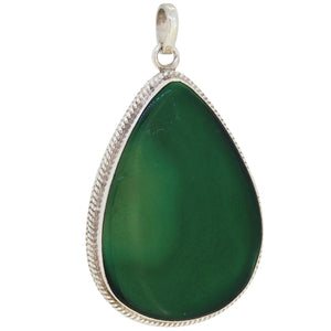 A modern, silver, green chalcedony set pendant.