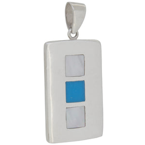 A modern, silver, mother of pearl &amp; turquoise set rectangular pendant.