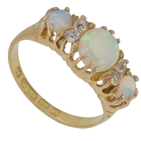 A Victorian, 18ct yellow gold, opal & diamond set half hoop ring.