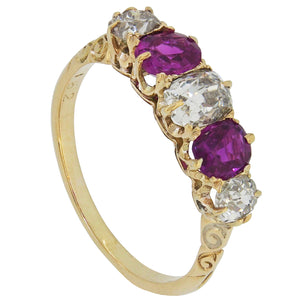 A Victorian, 18ct yellow gold, ruby &amp; diamond set, five stone half hoop ring.