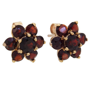 A pair of modern, 9ct yellow gold, garnet set cluster stud earrings.